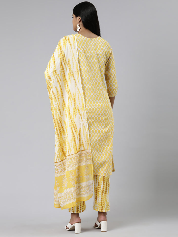 Neerus Yellow Regular Calf Length Printed Kurta Printed Trousers With Dupatta