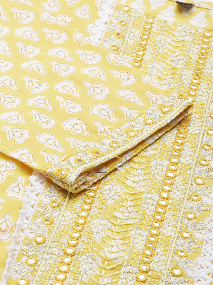 Neerus Yellow Regular Calf Length Printed Kurta Printed Trousers With Dupatta