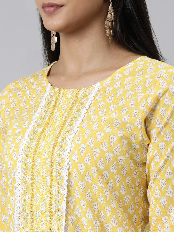 Neerus Yellow Regular Calf Length Printed Kurta Printed Trousers With Dupatta