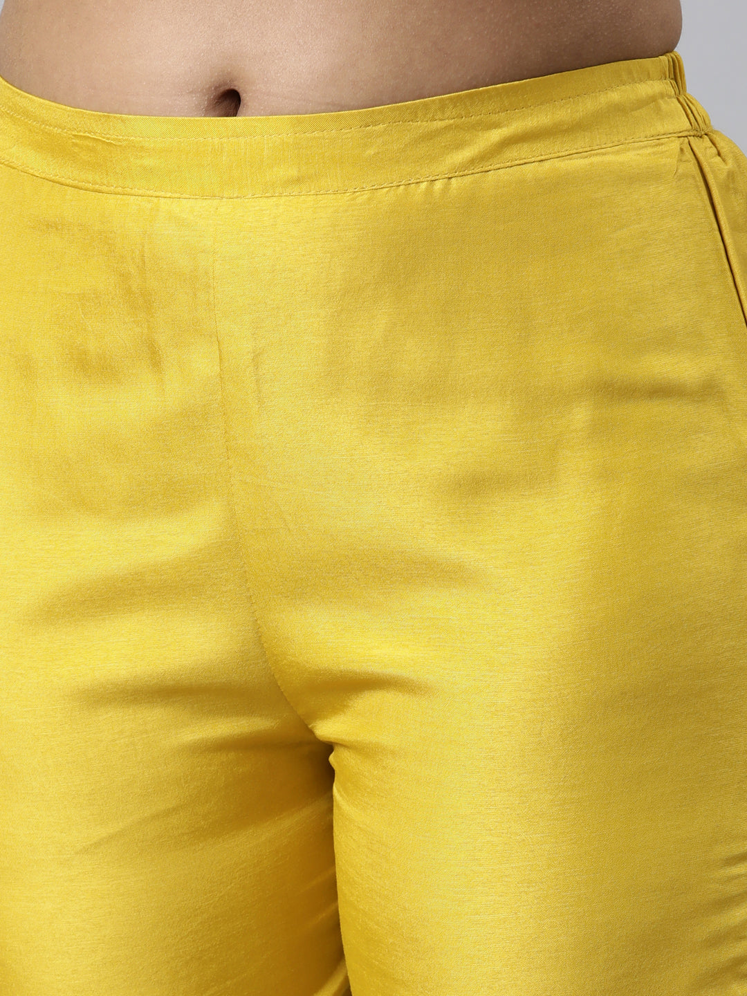 Neerus Mustard Regular Calf Length Printed Kurta Solid Trousers With Dupatta
