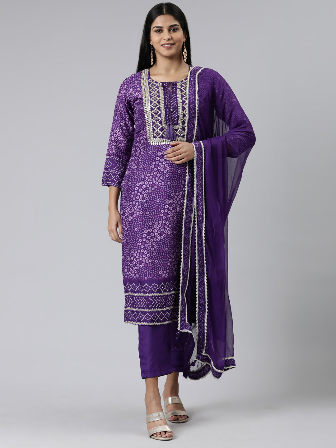 Neerus Purple Regular Calf Length Printed Kurta Solid Trousers With Dupatta