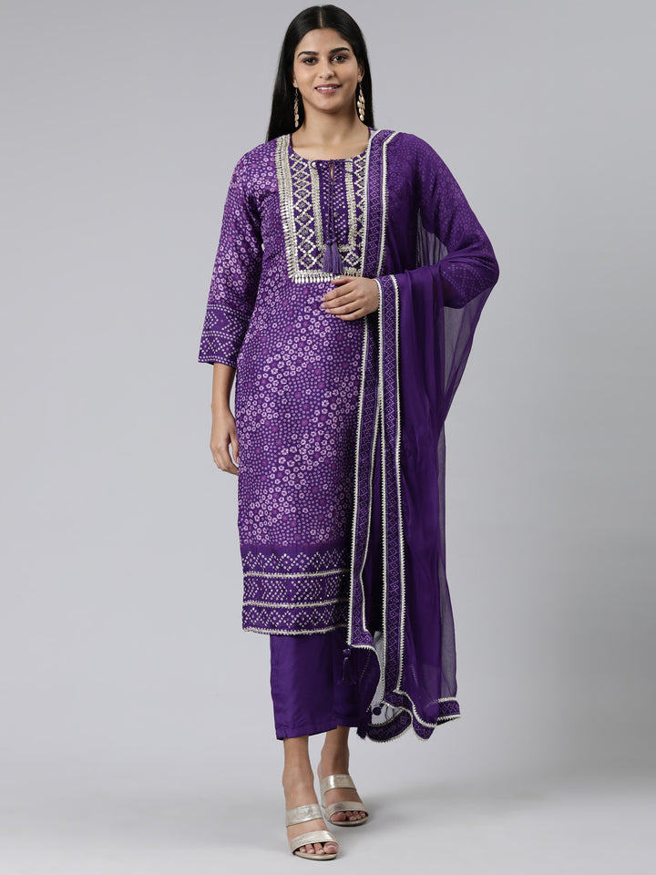 Neerus Purple Regular Calf Length Printed Kurta Solid Trousers With Dupatta