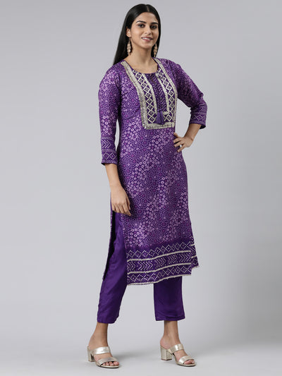 Neeru's Purple Regular Calf Length Printed Kurta Solid Trousers With Dupatta