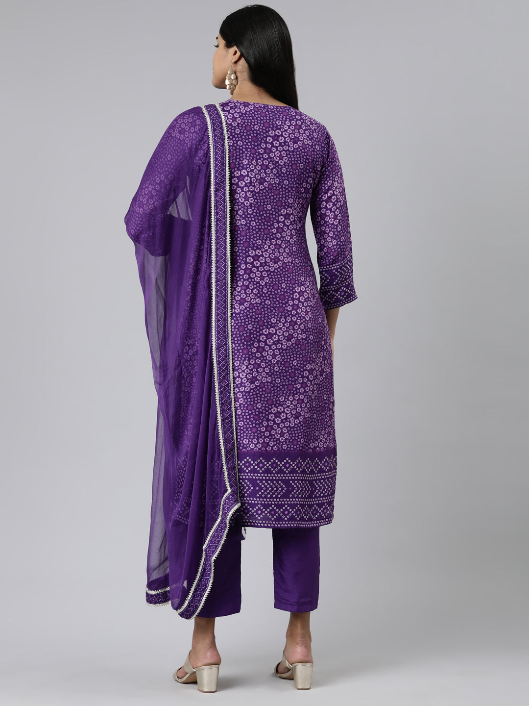 Neerus Purple Regular Calf Length Printed Kurta Solid Trousers With Dupatta