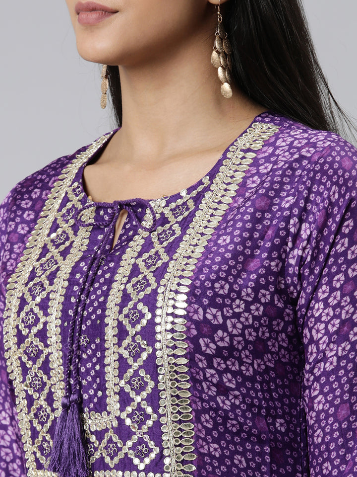 Neerus Purple Regular Calf Length Printed Kurta Solid Trousers With Dupatta