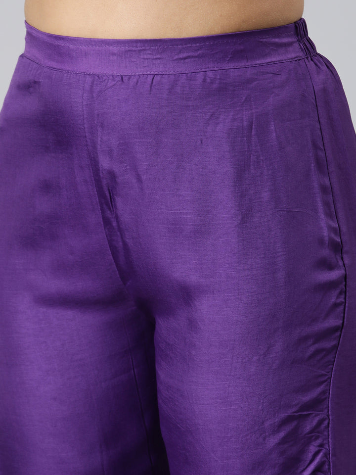 Neerus Purple Regular Calf Length Printed Kurta Solid Trousers With Dupatta