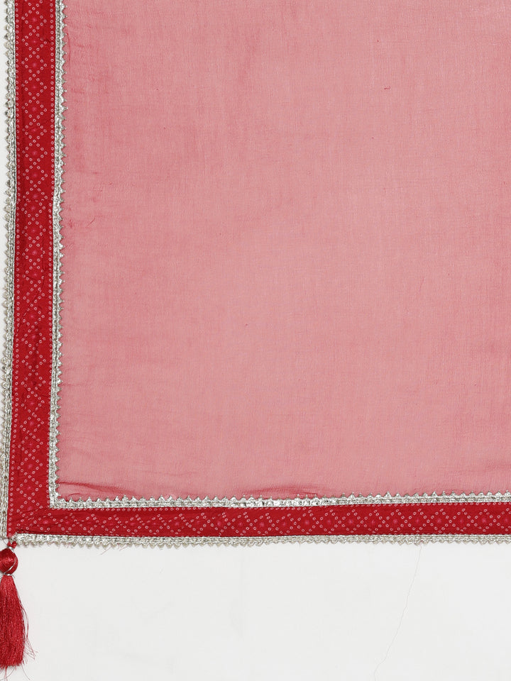 Neerus Red muslin printed kurta set with trouser and dupatta - detail view 3