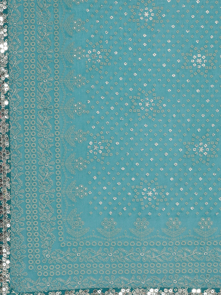 Neerus Blue printed kurta set with trouser and dupatta - detail view 4