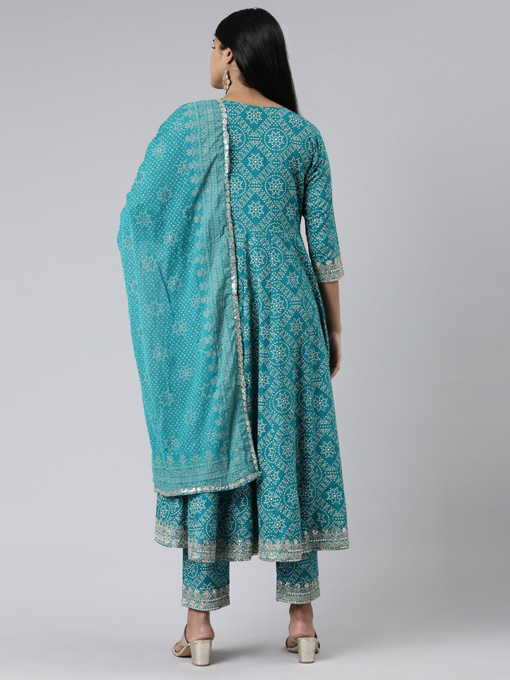 Neerus Blue printed kurta set with trouser and dupatta - side view