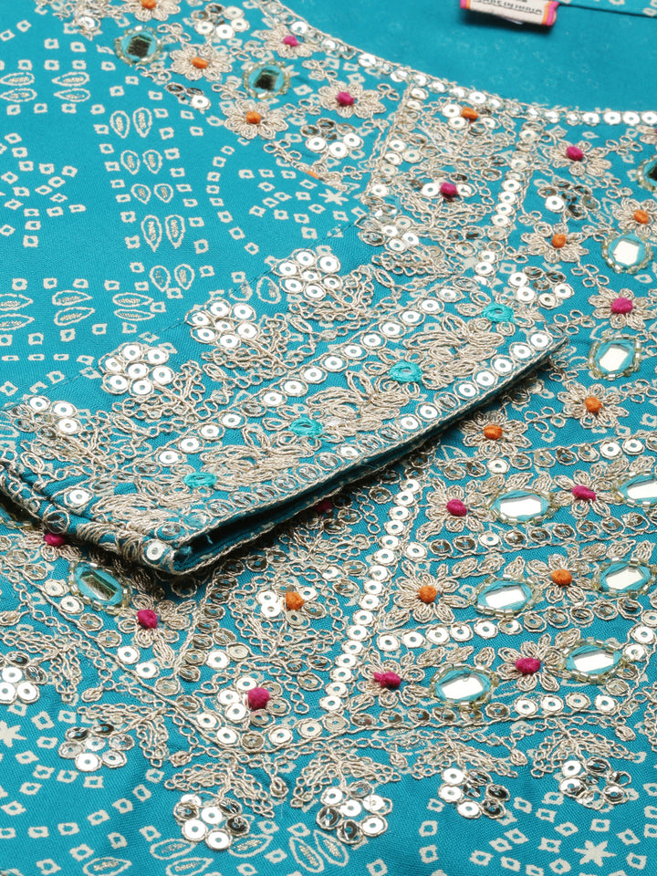 Neerus Blue printed kurta set with trouser and dupatta - detail view 2