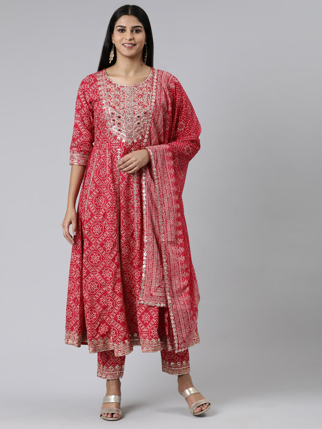 Neerus Pink printed kurta set with trouser and dupatta - front view