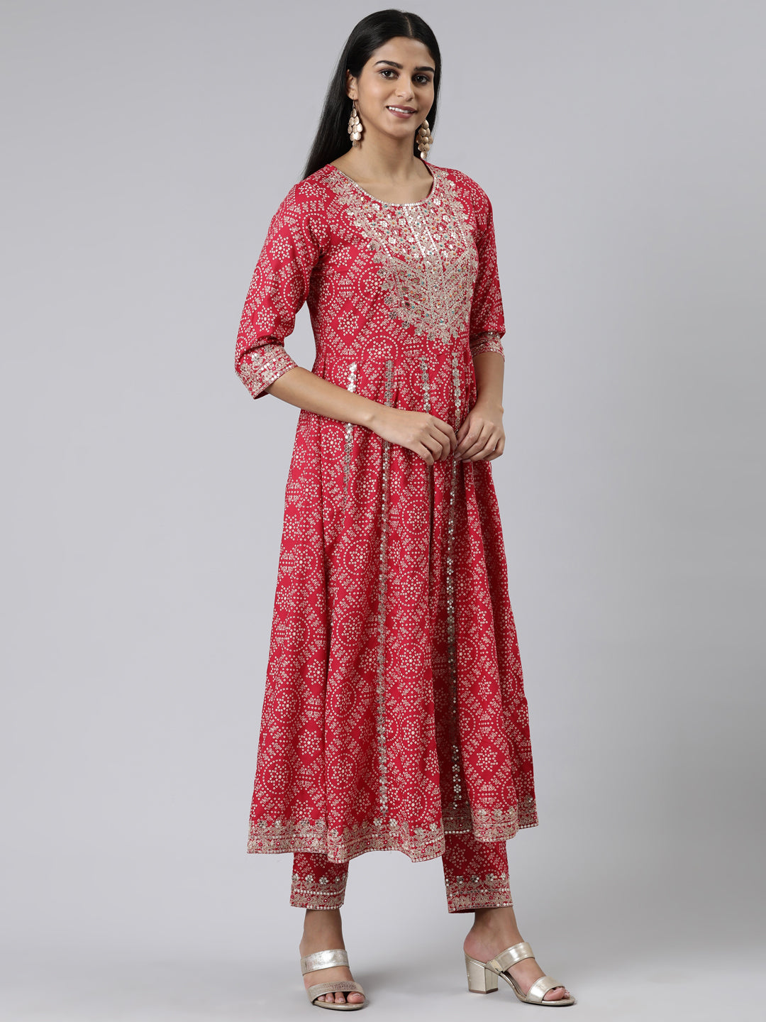 Neerus Pink printed kurta set with trouser and dupatta - back view