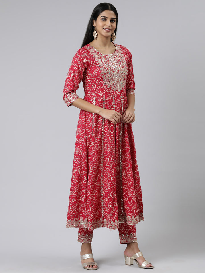 Neerus Pink printed kurta set with trouser and dupatta - back view