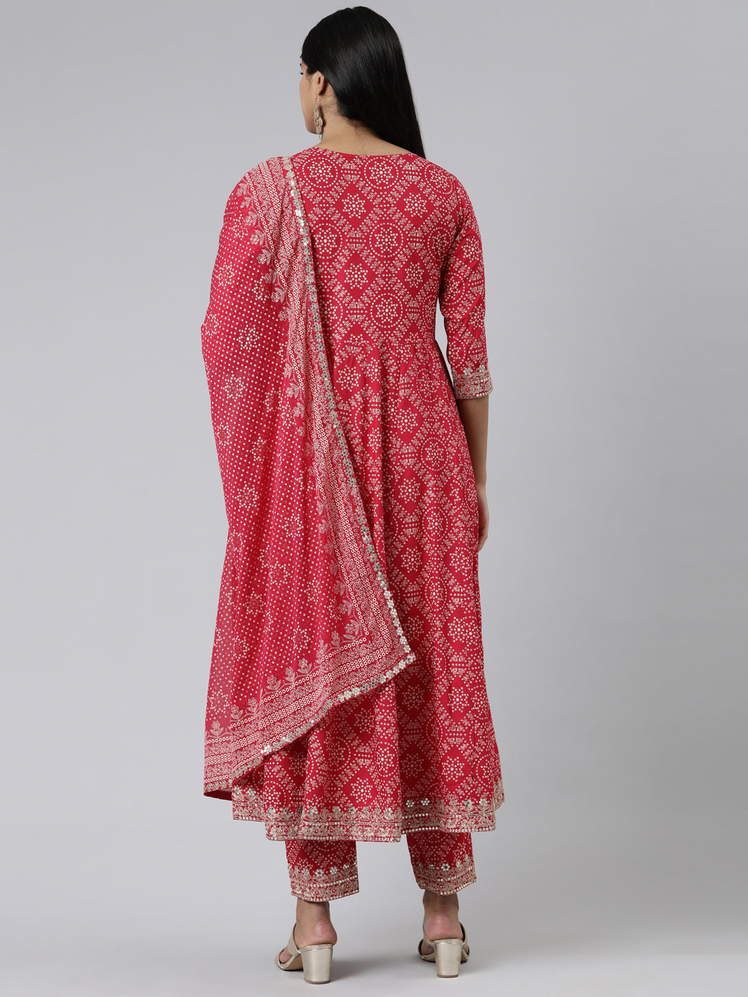 Neerus Pink printed kurta set with trouser and dupatta - side view