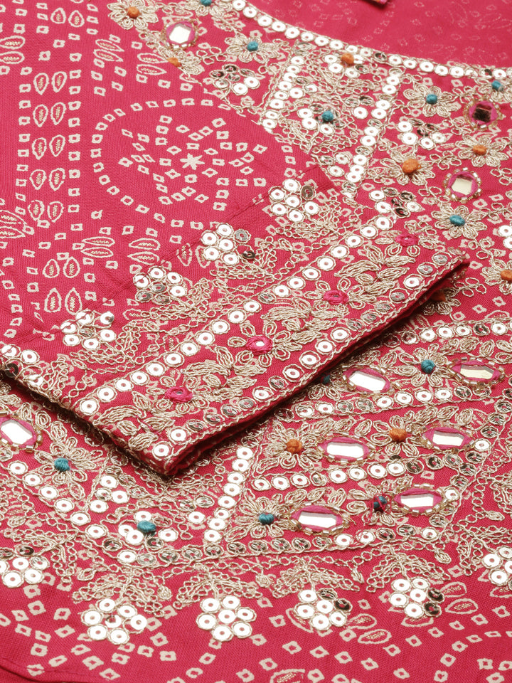 Neerus Pink printed kurta set with trouser and dupatta - detail view 2