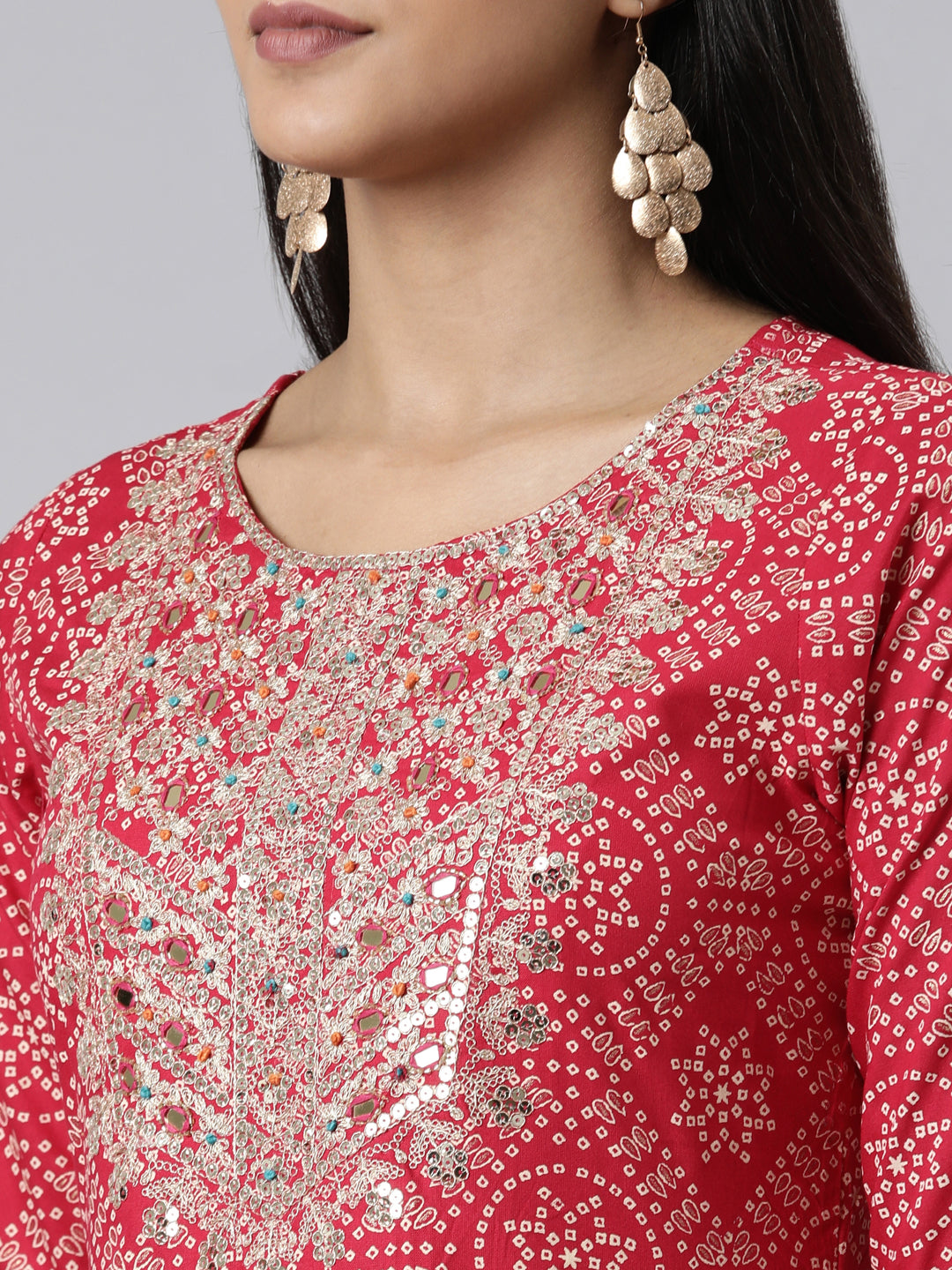 Neerus Pink printed kurta set with trouser and dupatta - detail view 1