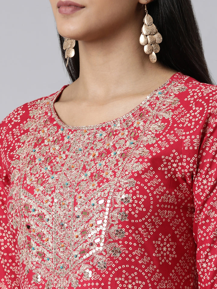 Neerus Pink printed kurta set with trouser and dupatta - detail view 1
