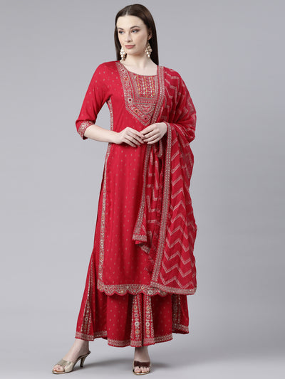 Neeru's Red Regular Knee Length Printed Kurta Printed Sharara With Dupatta