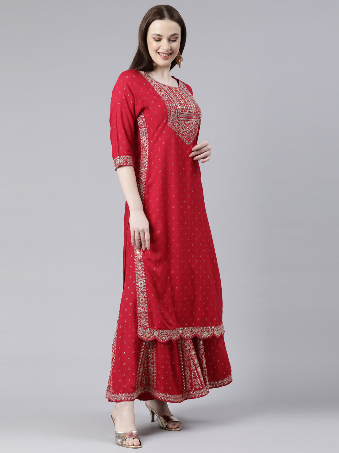Neeru's Red Regular Knee Length Printed Kurta Printed Sharara With Dupatta