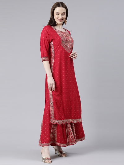 Neeru's Red Regular Knee Length Printed Kurta Printed Sharara With Dupatta