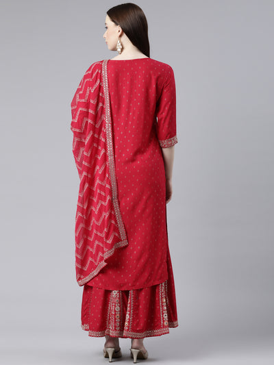Neeru's Red Regular Knee Length Printed Kurta Printed Sharara With Dupatta