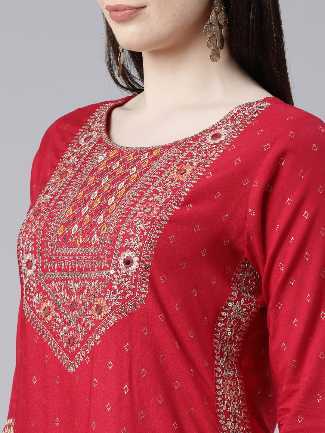 Neeru's Red Regular Knee Length Printed Kurta Printed Sharara With Dupatta