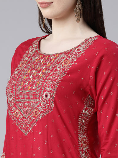 Neeru's Red Regular Knee Length Printed Kurta Printed Sharara With Dupatta