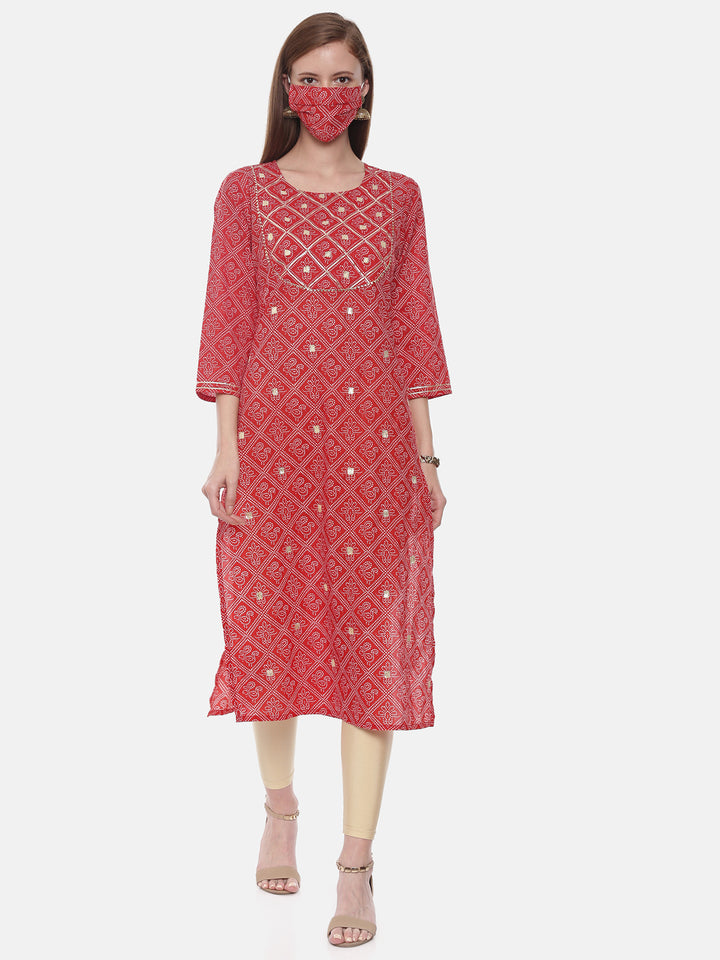 Neerus Red cotton printed straight kurti - front view