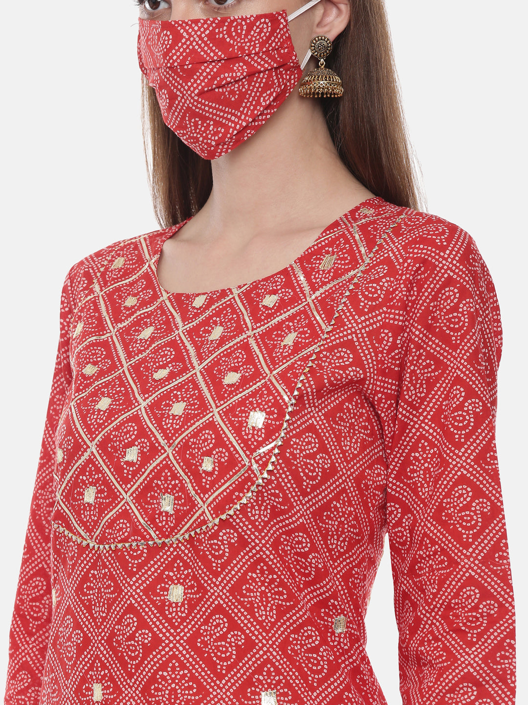 Neerus Red cotton printed straight kurti - back view
