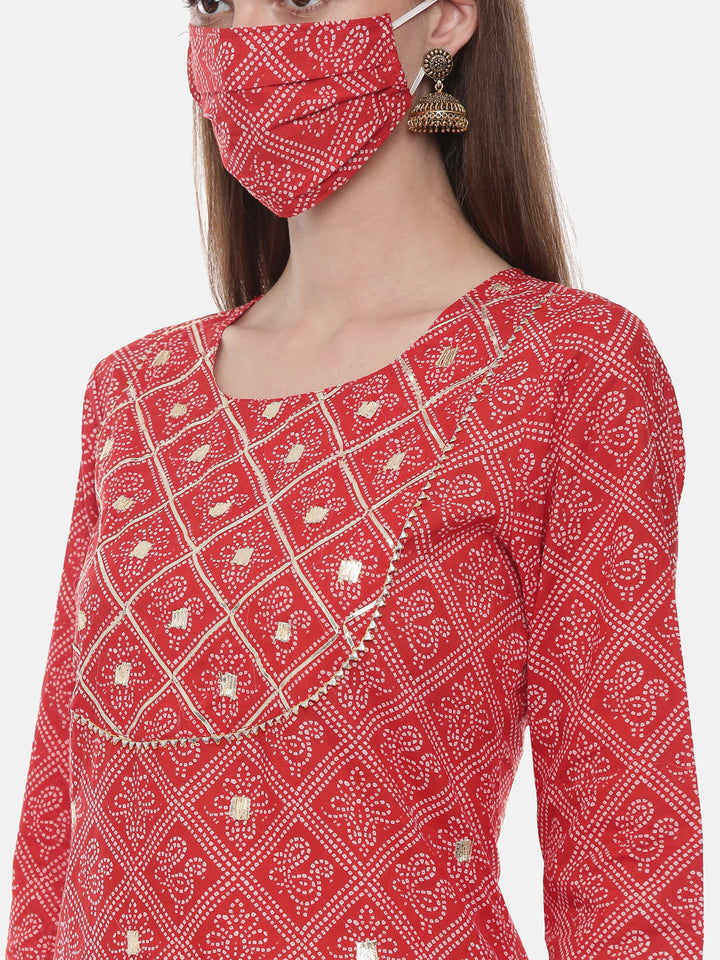 Neerus Red cotton printed straight kurti - back view