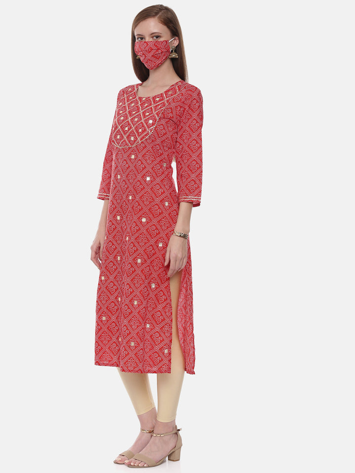 Neerus Red cotton printed straight kurti - side view