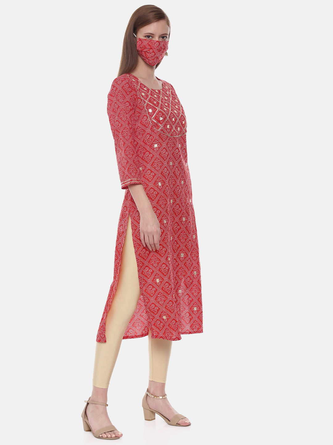 Neerus Red cotton printed straight kurti - detail view 1