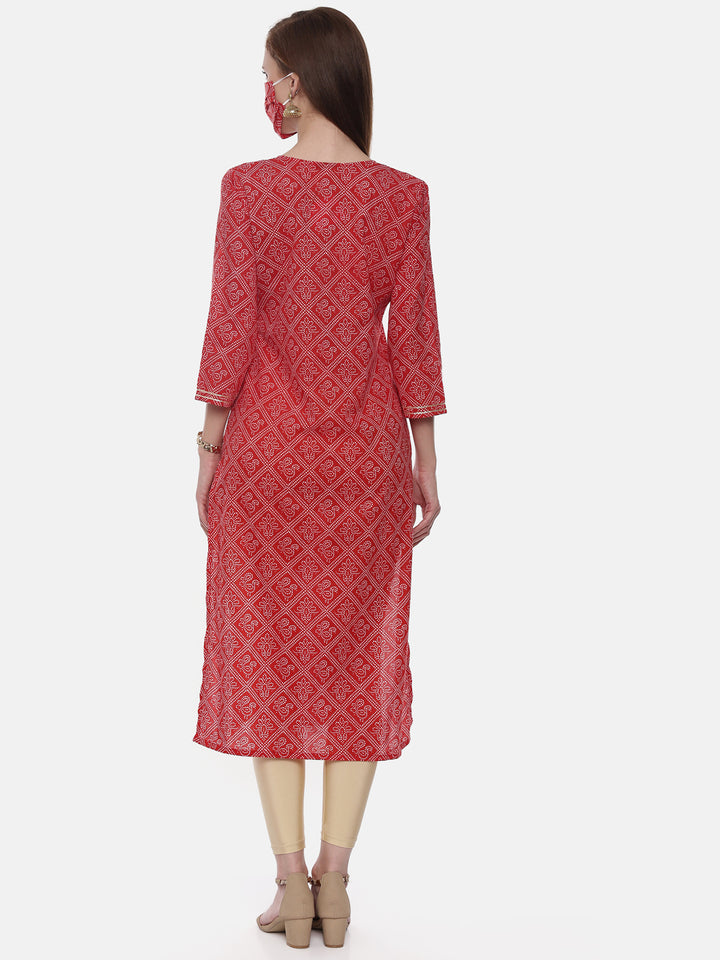 Neerus Red cotton printed straight kurti - detail view 2