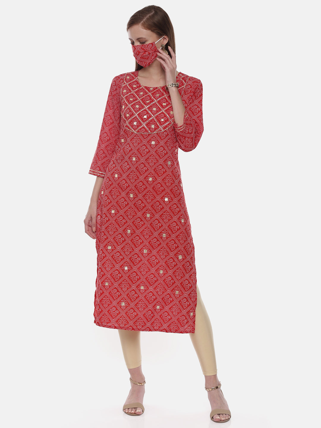 Neerus Red cotton printed straight kurti - detail view 3
