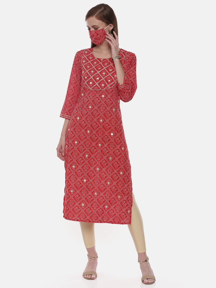 Neerus Red cotton printed straight kurti - detail view 3