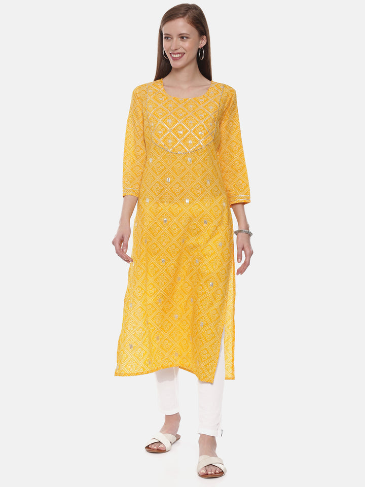 Neerus Yellow Printed Straight Kurta