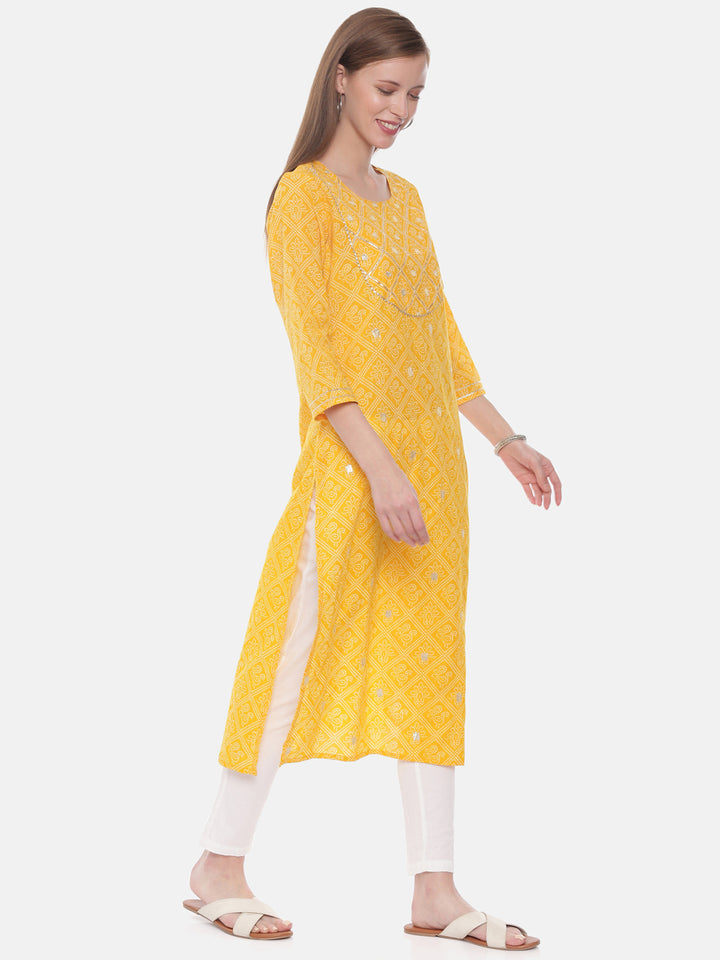 Neerus Yellow Printed Straight Kurta