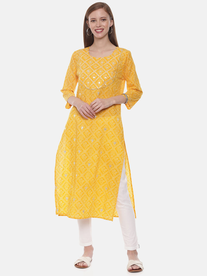 Neerus Yellow Printed Straight Kurta