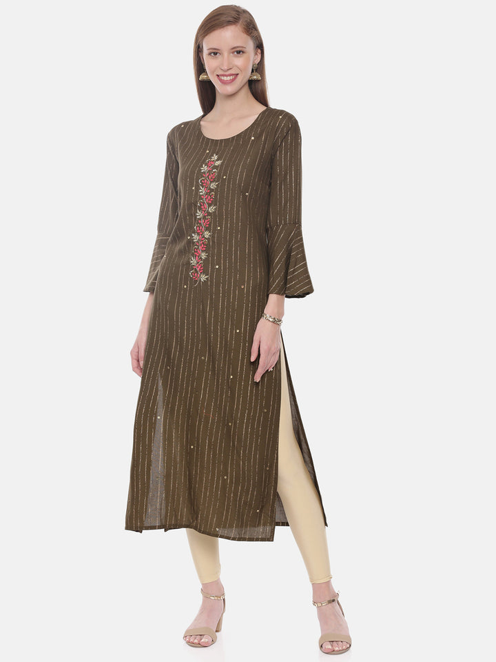 Neerus Green Rayon Embellished Straight Kurta - front view