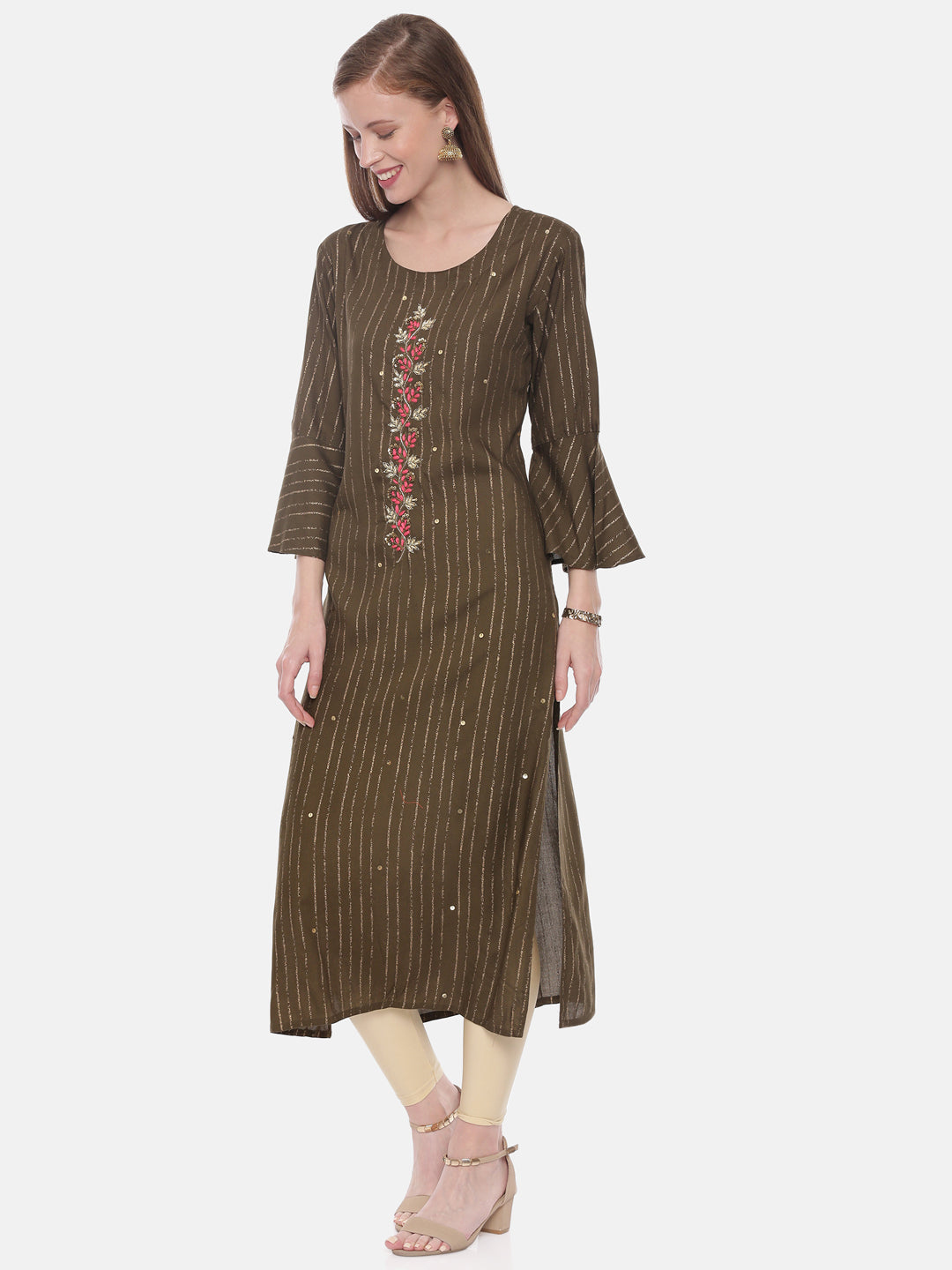 Neerus Green Rayon Embellished Straight Kurta - side view