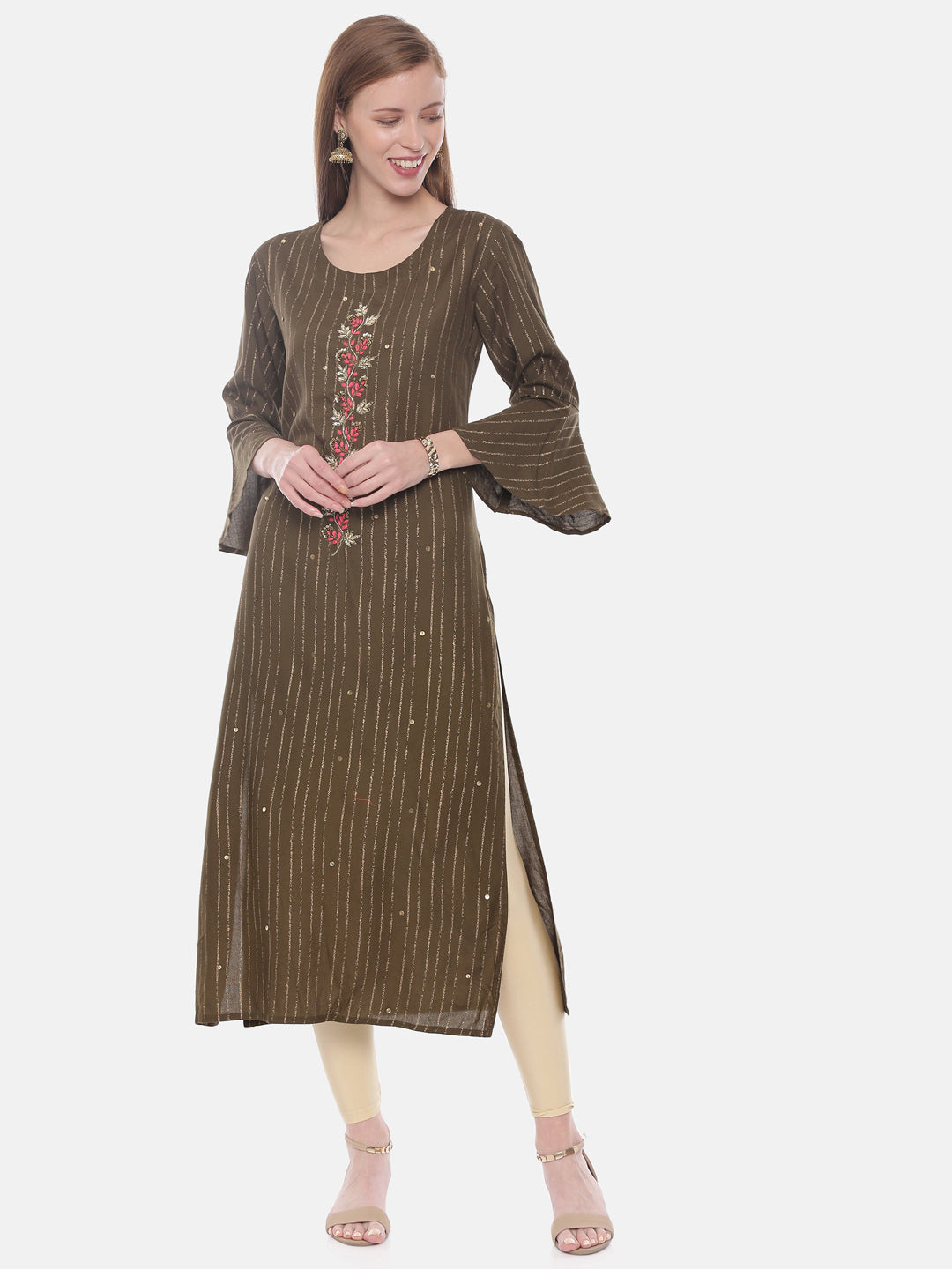 Neerus Green Rayon Embellished Straight Kurta - detail view 3