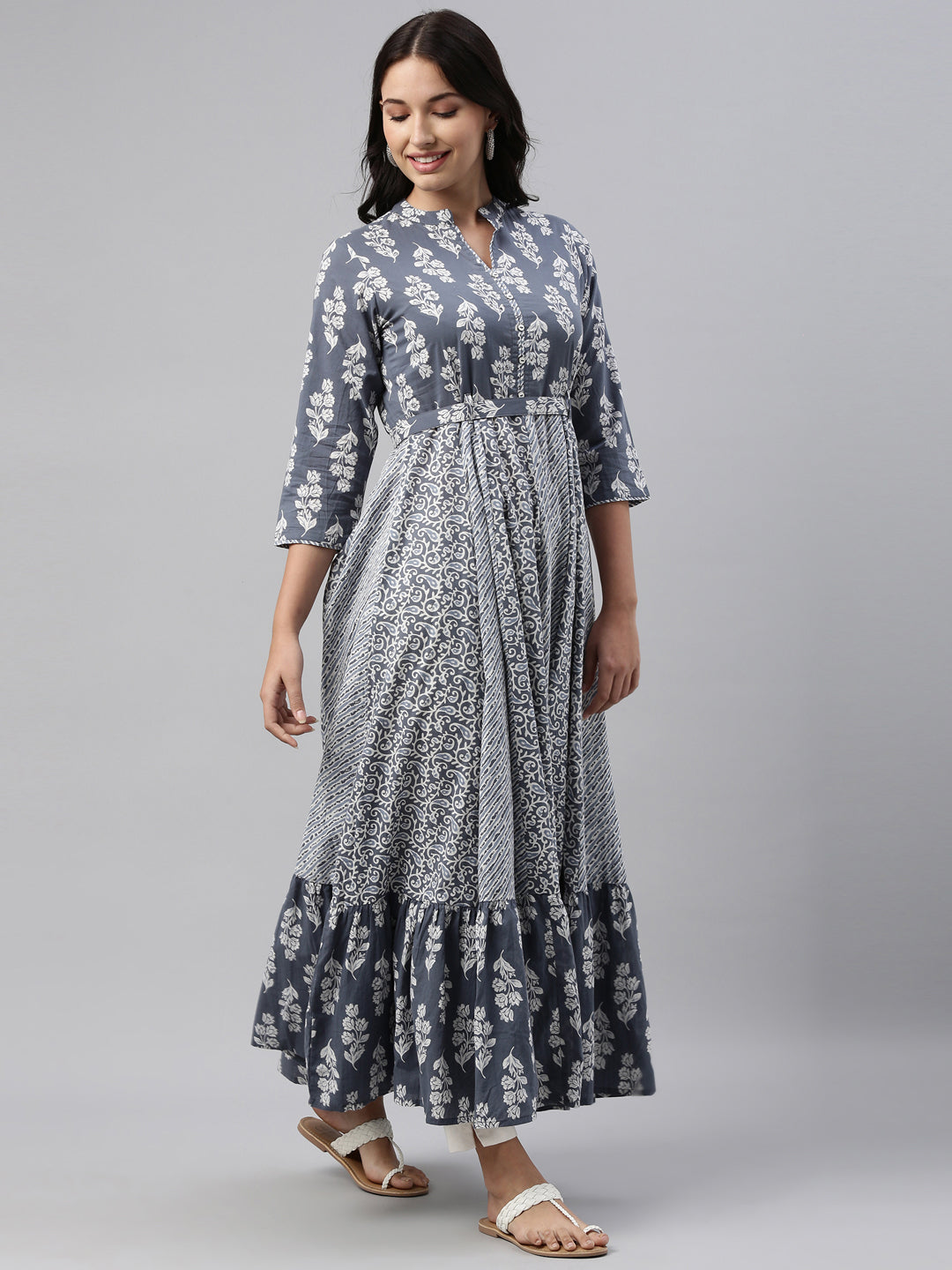 Neerus Grey Color Cotton Fabric Tunic