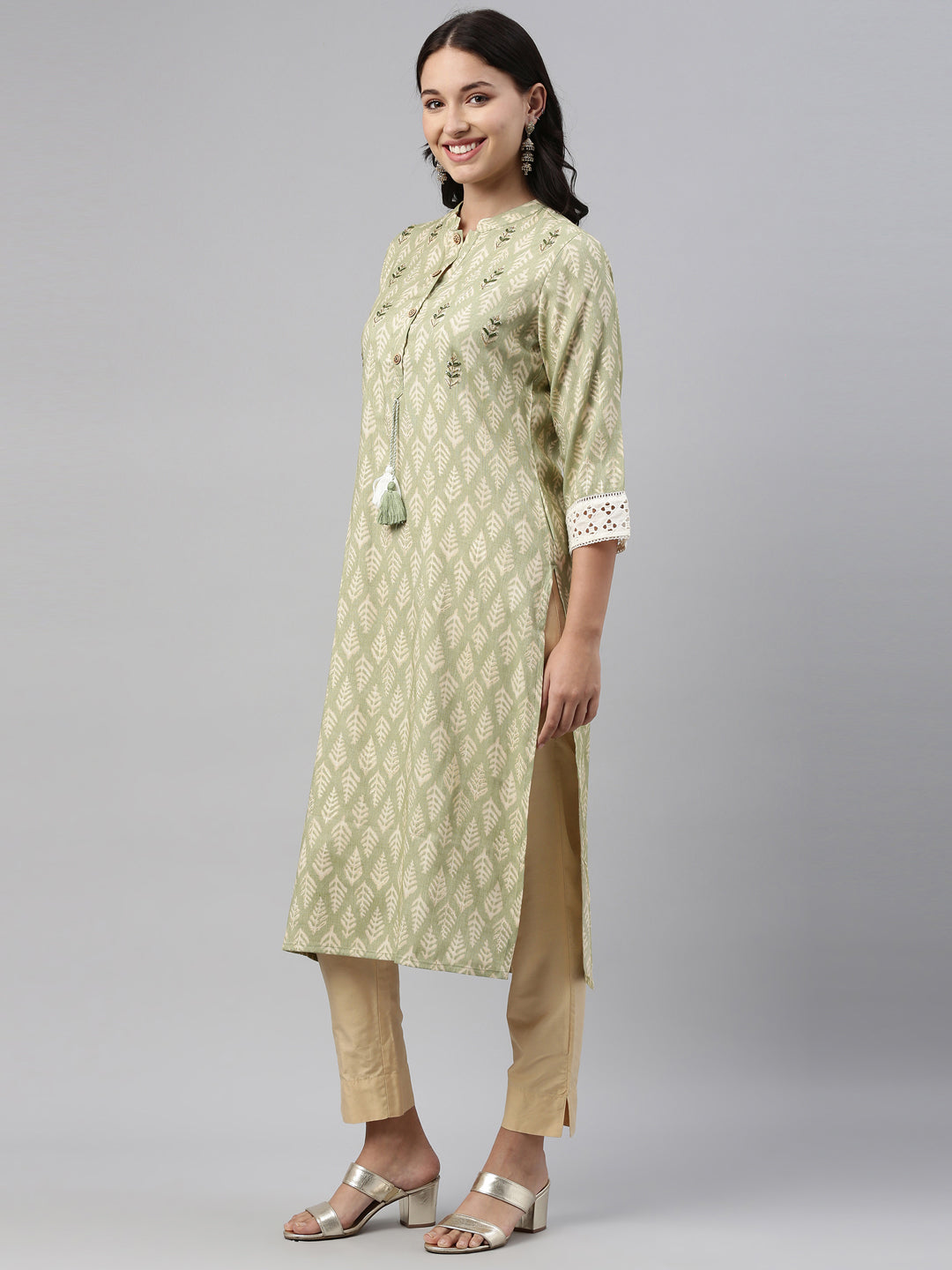 Neerus Green rayon printed kurti - side view