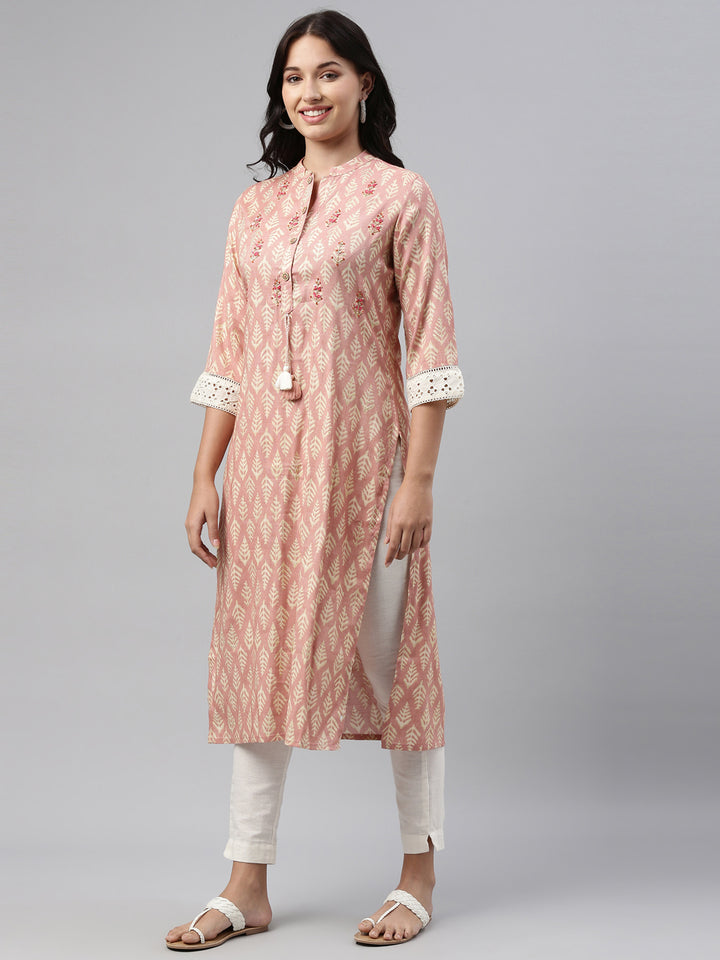Neerus Pink rayon straight kurti - front view