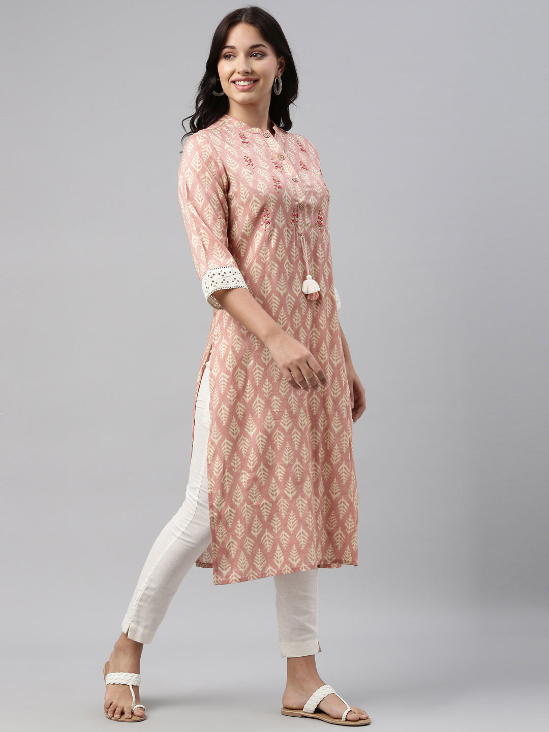 Neerus Pink rayon straight kurti - side view