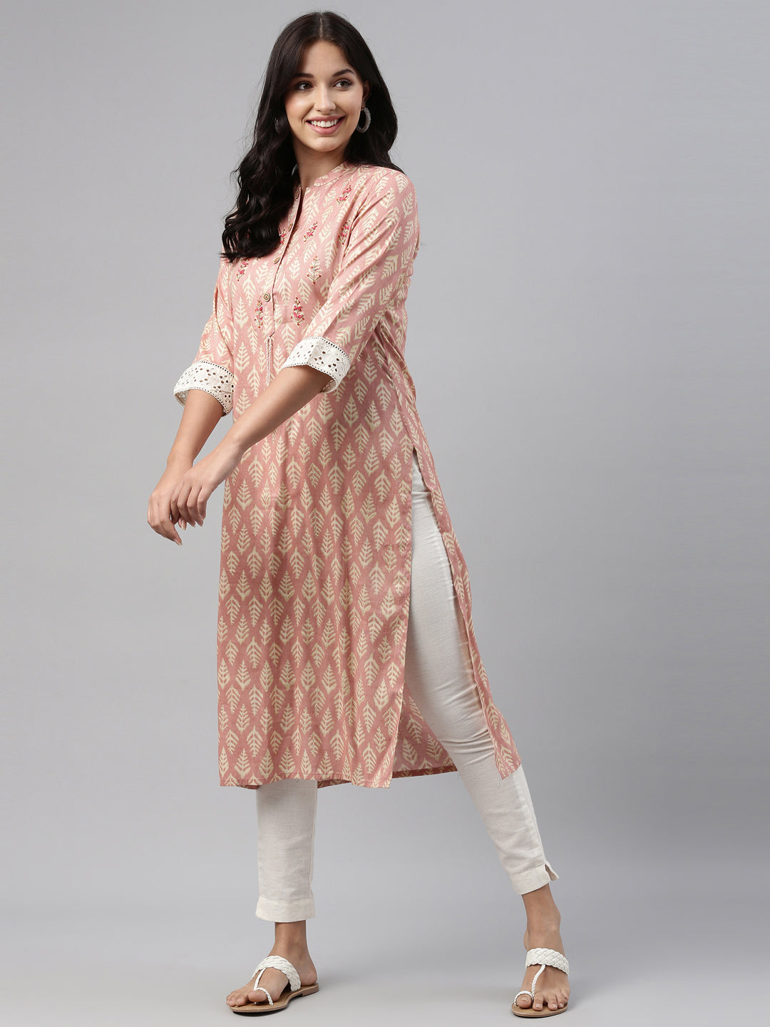 Neerus Pink rayon straight kurti - detail view 2
