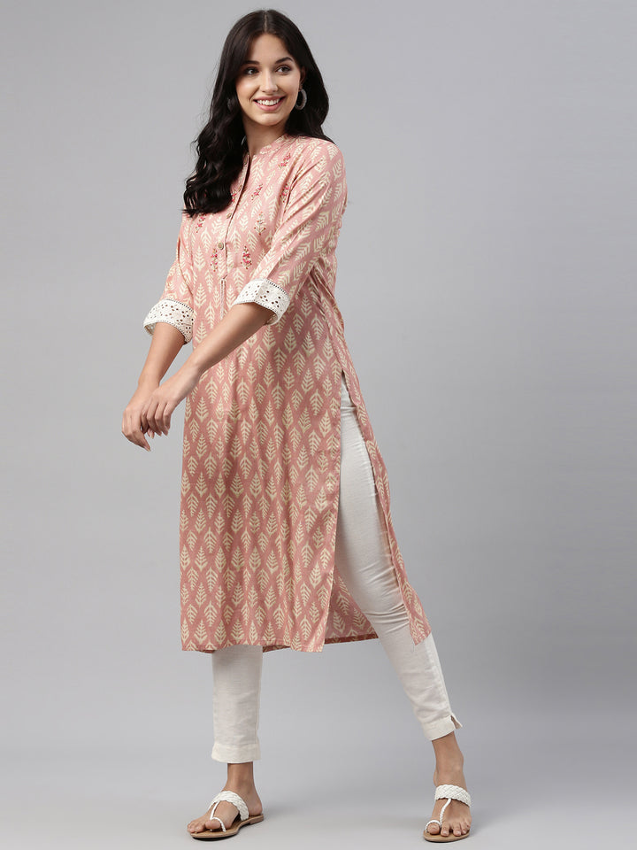 Neerus Pink rayon straight kurti - detail view 2
