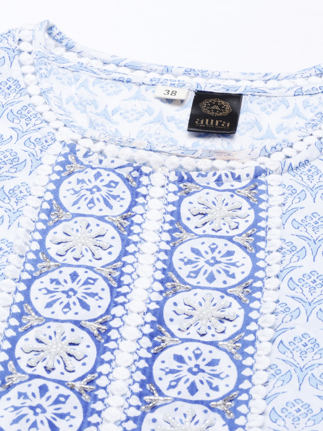 Neerus Blue cotton solid kurti tunic - detail view 5