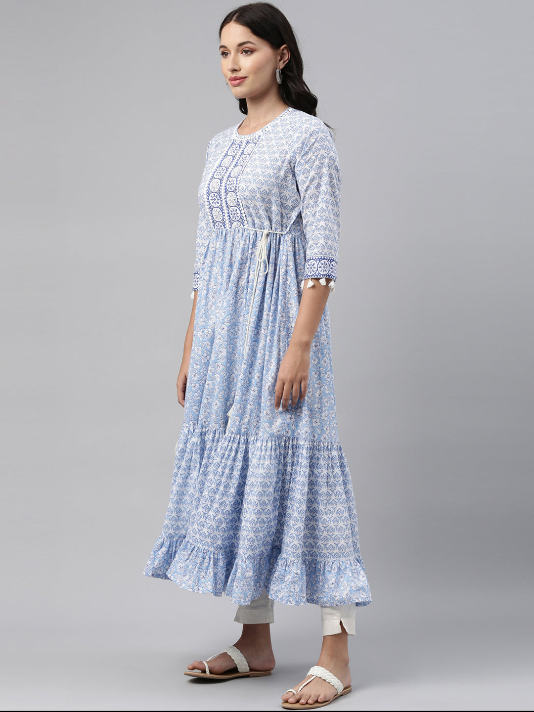Neerus Blue cotton solid kurti tunic - side view