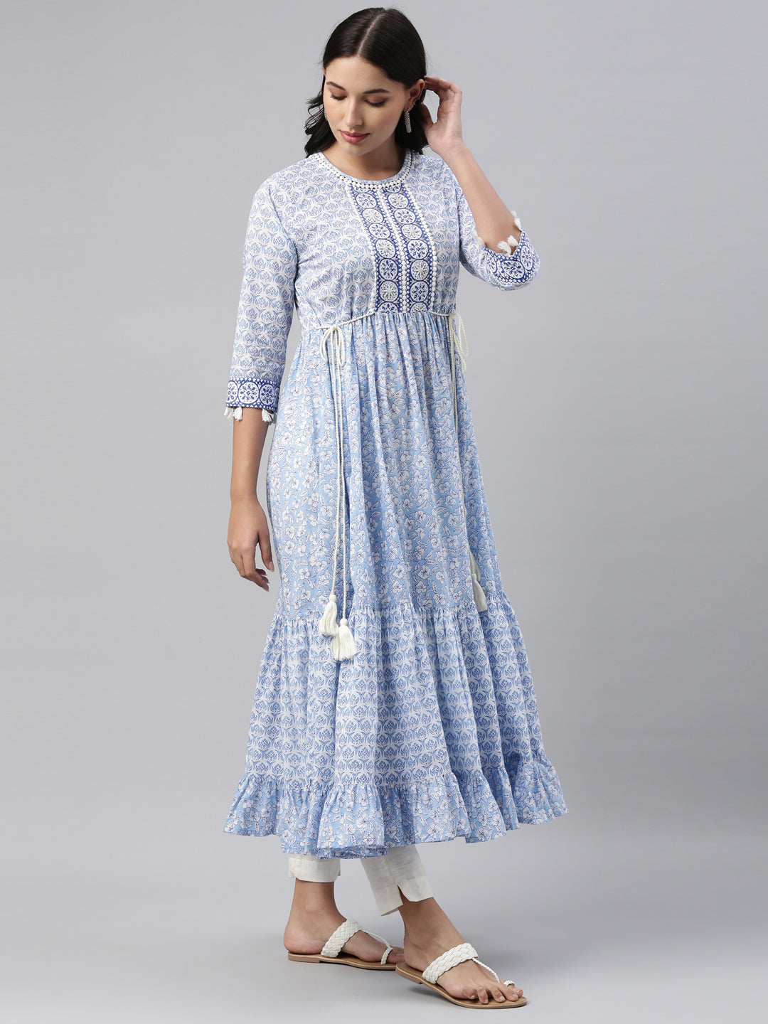 Neerus Blue cotton solid kurti tunic - detail view 1
